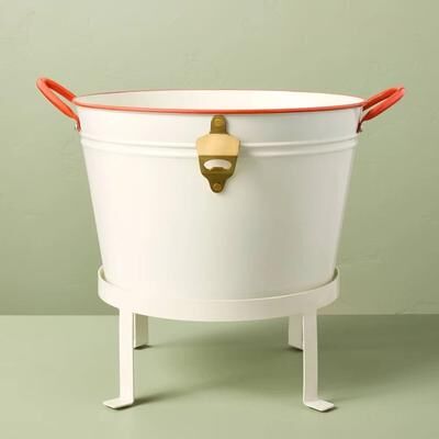 All Categories Goods Beverage Tub Stand, Cream Color Steel Tub With Bottle Opener, Hearth & Hand Magnolia Beverage Tub Stand, Cream Color Steel Tub With Bottle Opener, Hearth & Hand Magnolia