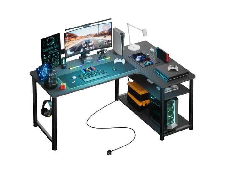COMHOMA Bureau Gaming en Forme de L, Bureau d’Angle avec Étagères Rangement, Table imformatique avec Port de Charge USB et Prise de Courant, 120L*80P*74H, pour Jouer, Travailler