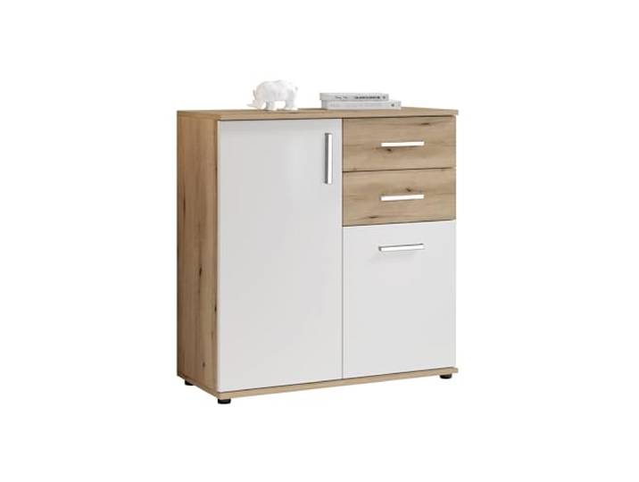 möbelando Kommode >BC 1040< 80x84x35cm, Eiche Rustica Dekor/weiß, 2 Türen, 2 Schubladen, 1 Einlegeboden, Foliert, Kugelauszüge, Silberne Stangengriffe, Möbelgleiter, robust, platzsparend, zerlegt