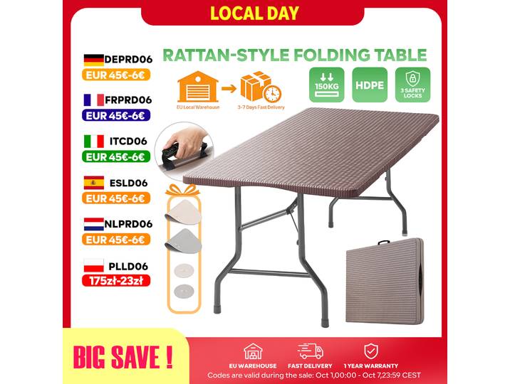 Table Pliante 180cm Plastique Aspect Rotin Camping Jardin Extérieur Marron Portable 150kg Fête Pique-nique