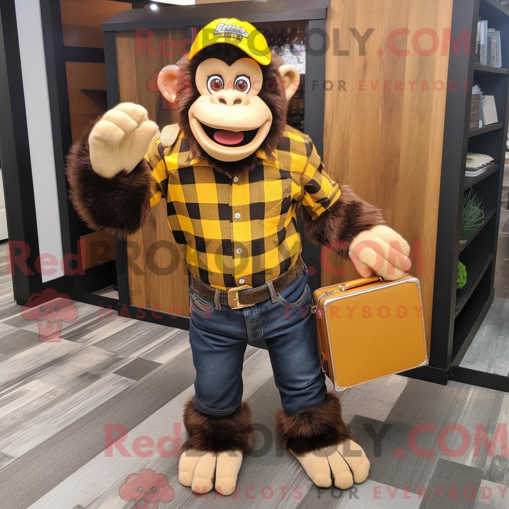 Maskottchen REDBROKOLY eines goldenen Schimpansen mit Flanellhemd und Aktentasche