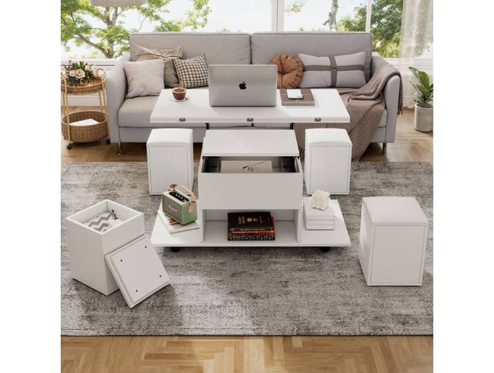 Table basse multifonctionnelle - TRUXEN8 - Réglable en hauteur - Blanc - Grande capacité