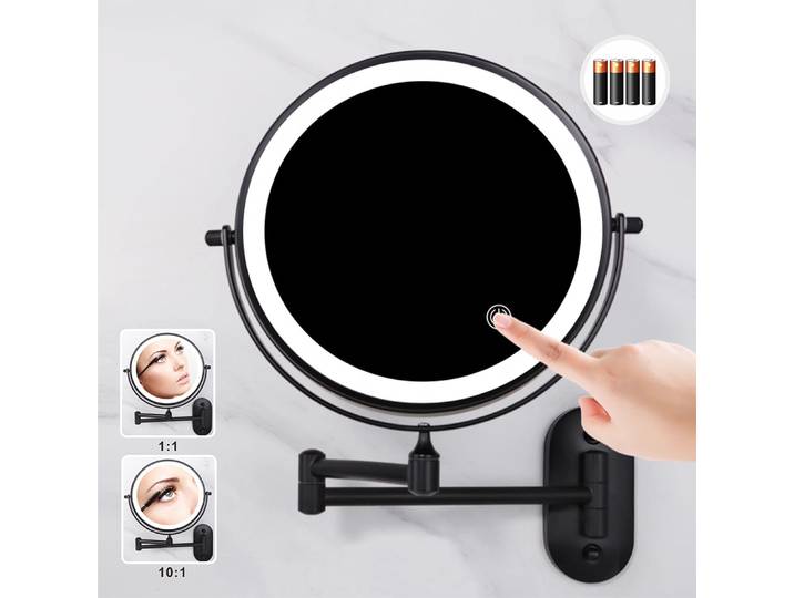 Miroir de salle de bain mural noir de 8 pouces, miroir de maquillage grossissant 10x, miroirs cosmétiques de vanité à gradation réglable avec lumière