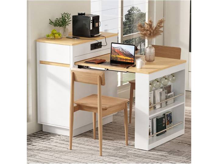 VUENOR îlot central de cuisine extensible blanc décor bois avec LED