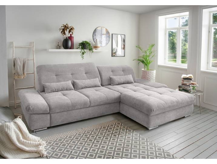 Ecksofa mit Schlaffunktion Grau Webstoff Jimin 300 x 86 x 196cm Longchair davorstehend rechts mit Schlaffunktion Modern