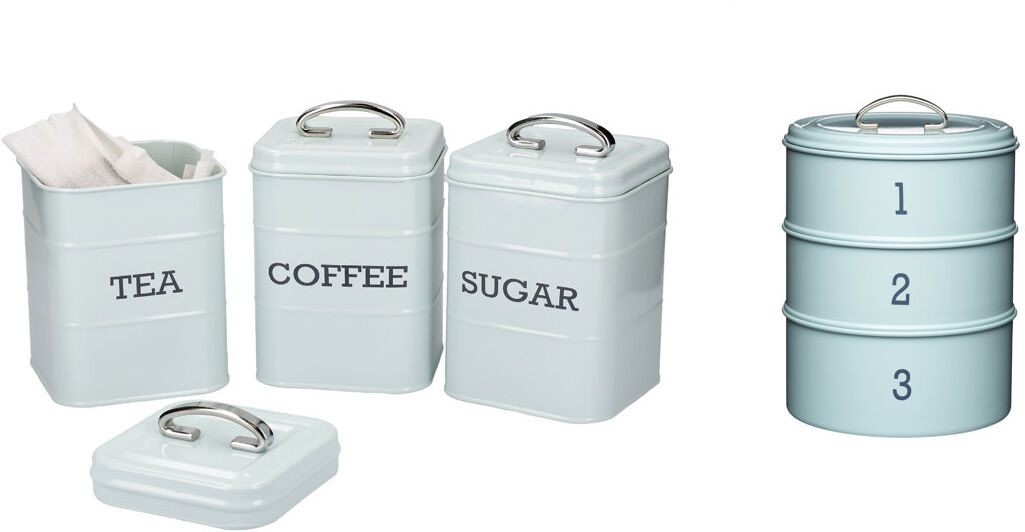 KitchenCraft Living Nostalgia 4pc set including 3 Piece Coffee, Tea, & Sugar Set and 3 Tier Cake Tin Blue