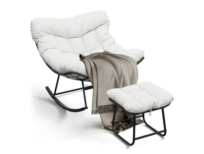 KOIOPLIE Fauteuil à bascule Papasan œuf XXL avec ottoman repose-pieds coussin amovible pour patio/balcon Noir + coussin blanc