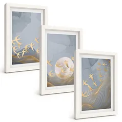 BILDER SET 3er Set - 20x30 cm Weißer Rahmen - Vögel, die am Himmel fliegen