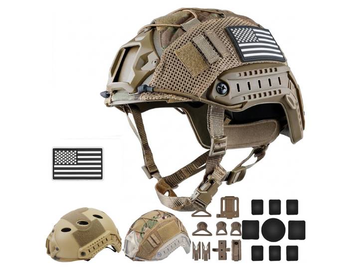Casque d'airsoft, casque tactique de type Fast PJ pour paintball avec housse de casque et coussinets de protection pour l'airsoft, le paintball, le cosplay et l'entraînement