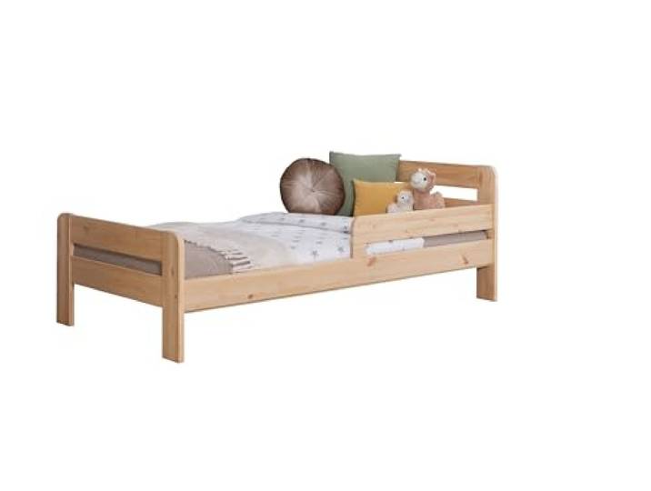 TiCAA Einzelbett Kinderbett Jugendbett, Bennet mit Rausfallschutz & Lattenrost für Schlafzimmer, Kinderzimmer Kiefer Massivholz Bettgestell 90/120 x 200 cm