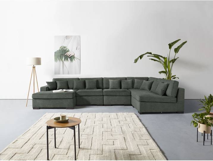 Wohnlandschaft, 390x190 cm, 100% Polyester, Grau, Federkernpolsterung, Modern, Home-affaire