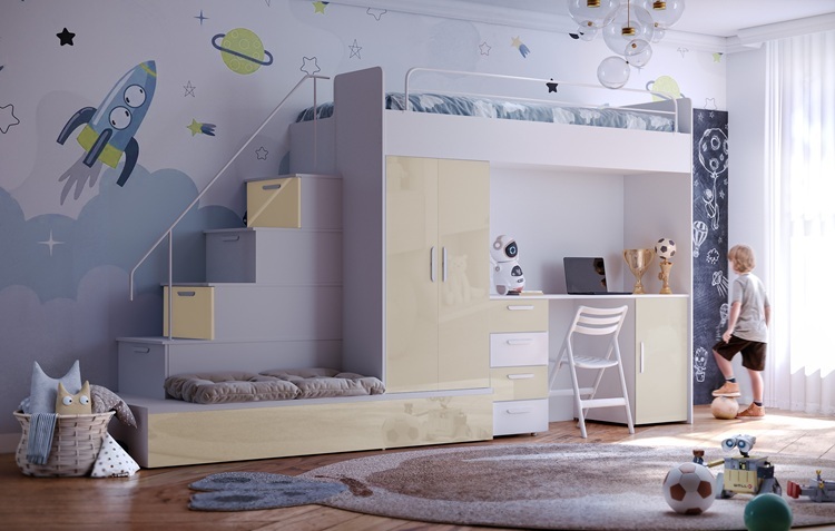 Etagenbett TOMI 5, Doppelstockbett Hochglanz Kinderbett Hochbett, OHNE Matraze und Lattenrost (Weiss + Beige, Glanz)