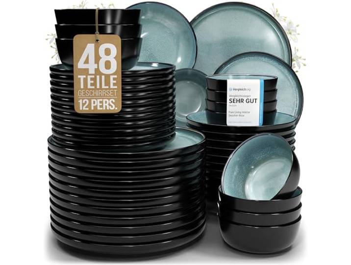 Steingut Geschirrset 12 Pers. Ibiza 48-tlg Hochwertiges Mediterranes Steingut Geschirr Set - Schüssel- und Teller Set - Tafelservice 12 Personen Geschirrsets Pure Living in Petrol