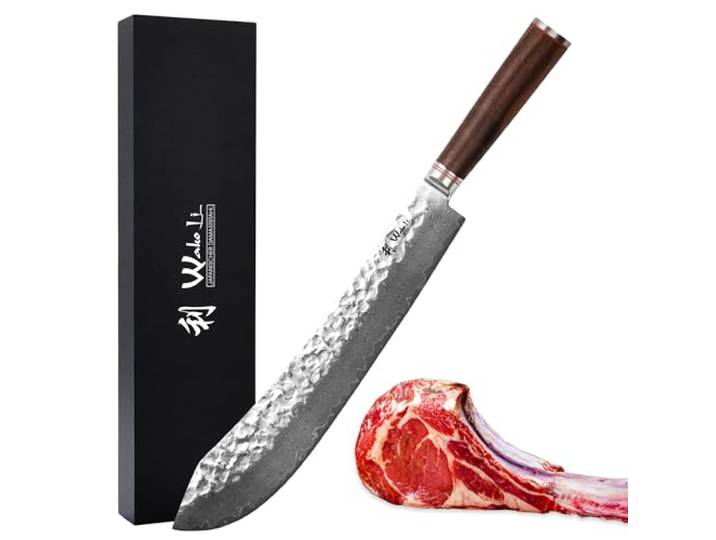Wakoli Nussbaum Profi Blockmesser 35 cm, 67 Lagen Damaststahl mit VG10-Kern Hammerschlag, Walnussholzgriff, Geschenkbox, langes Fleischmesser für Brisket, Pulled Pork, Grillgut und große Bratenstücke