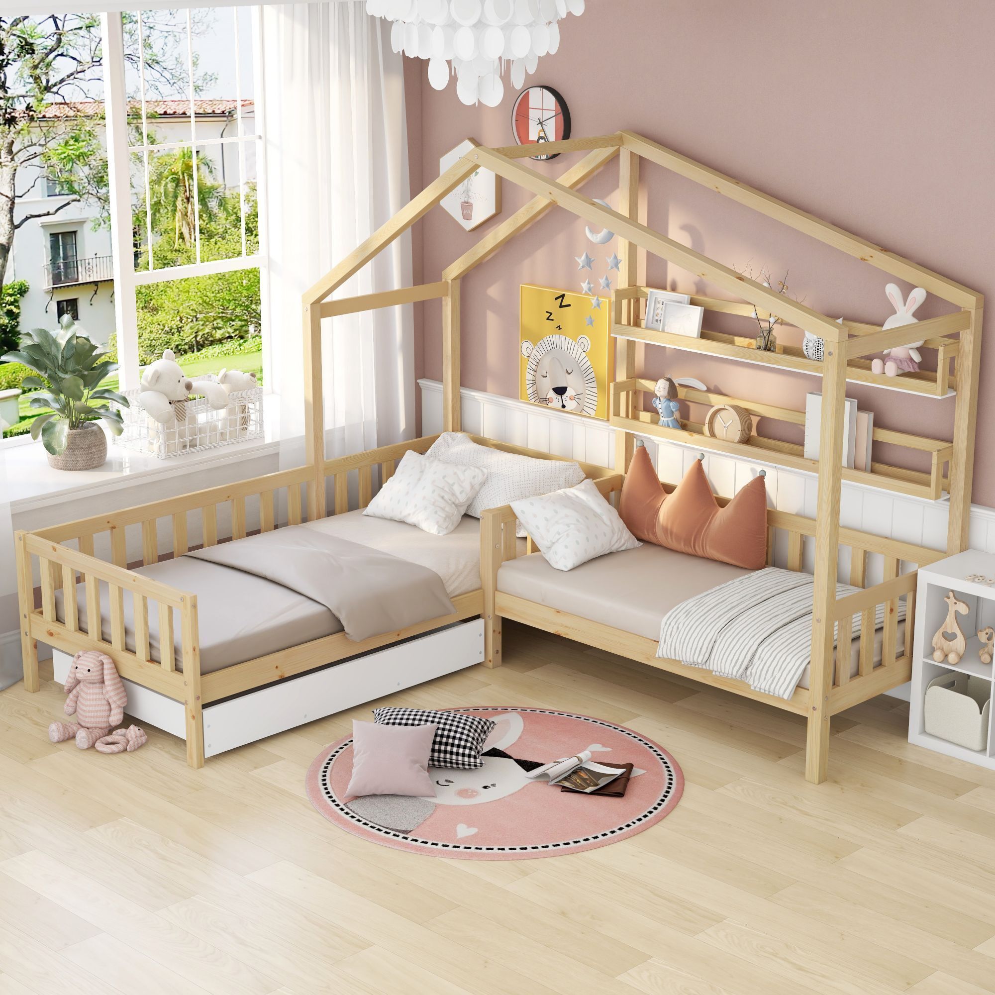 STILVORA Kinderbett 90x200 cm+140x70cm, Hausbett mit Schubladen und Regalen, Massivholz mit Zaun und Lattenrost, L-Struktur, Natur