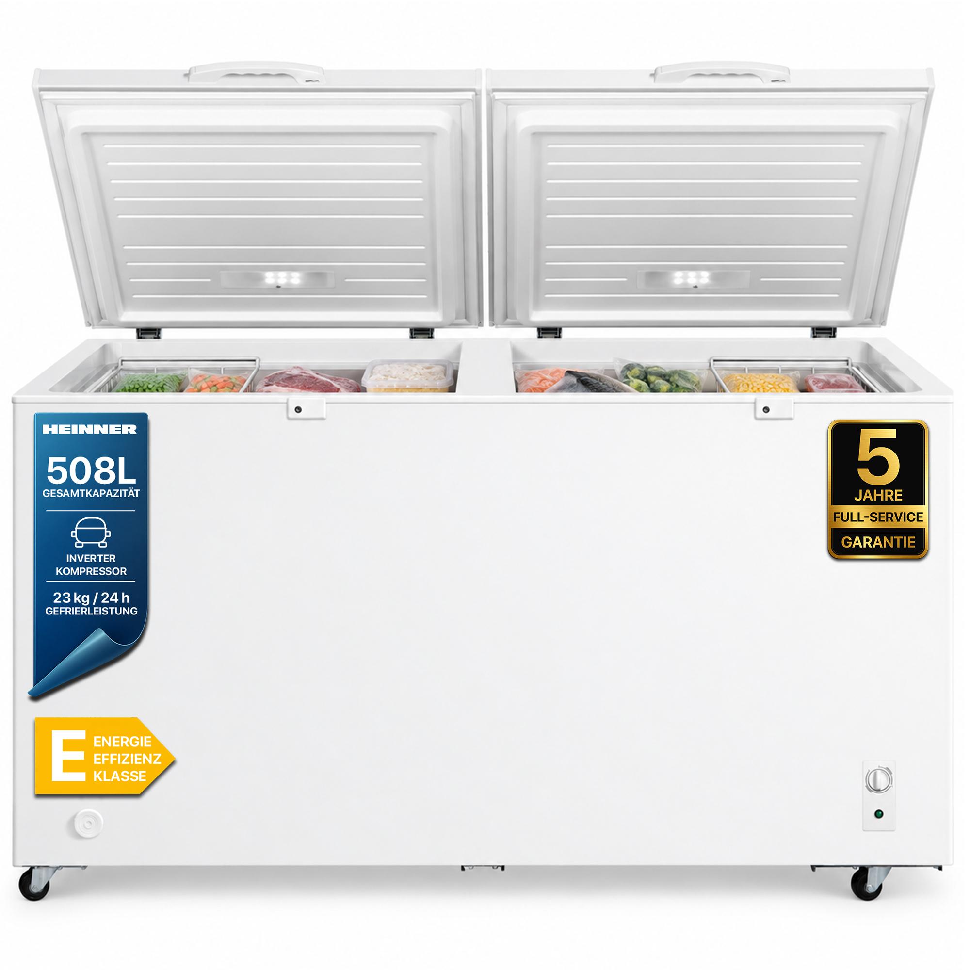 Heinner HCF-M508INVCE++ Gefriertruhe 508 L, Convertible (Gefrier-/Kühlschrank), Verriegelbar, Weiß