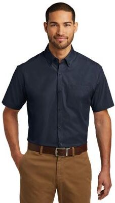 Port Authority W101 Short Sleeve Carefree Poplin Shirt in River Blue Navy size Large   Cotton/Polyester Blend
