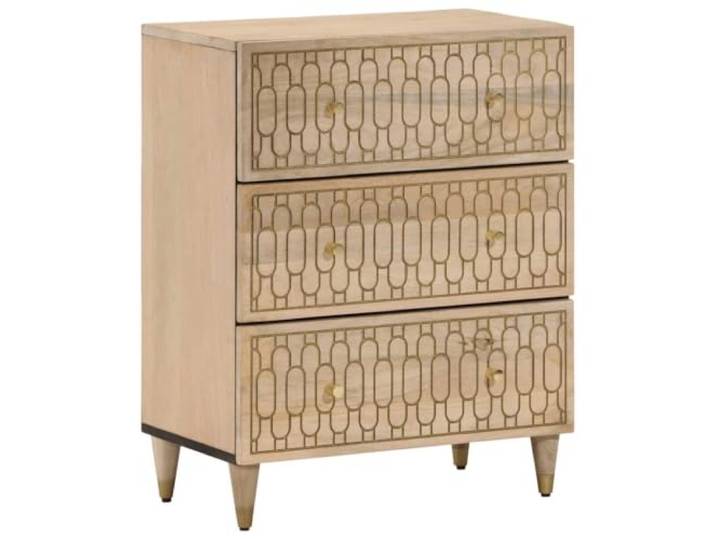 Fisinber Beistellschrank 60x33x75 cm Massivholz Mango Kommode Handgeschnitzter Anrichtenschrank aus gebleichtem Mangoholz mit Holzbeinen für Wohnzimmer und Flur