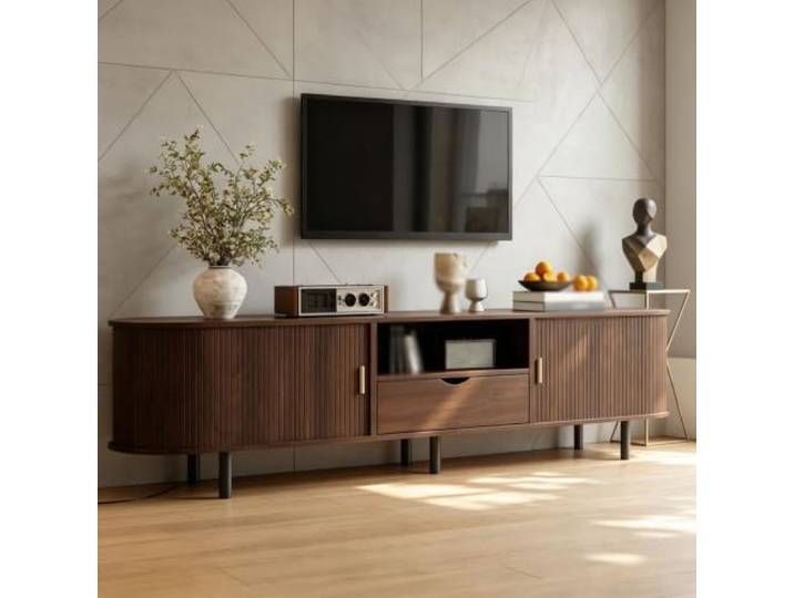 QQJIN Modern Fernsehtisch 175cm mit Rollo-Tür & Runddesign TV-Schrank mit Schublade, Fächern, Kabeldurchlässen, 50 Kg Belastbarkeit