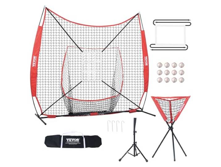 VEVOR 2,1 x 2,1 m honkbal softbal oefennet, draagbaar honkbaltrainingsnet voor het slaan van vangen, backstop-apparatuur met boogframe, draagtas, slagzone, 12 ballen, T-stuk en balverzamelaar