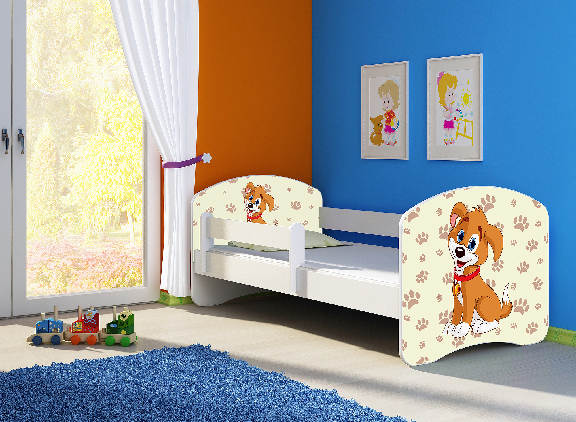 Kinderbett, Motiv, Schublade CLAMARO, Bett Farbe:11 Hund, Mit Bettkasten:Mit Bettkasten, Bett Größe:180 x 80 cm