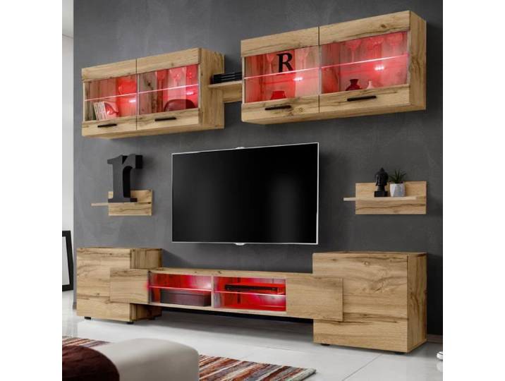 Ensembles de meubles TV Foggia Komodee - LED RGB - Bois Naturel Mat & Bois Naturel - Façades en Mat - L235cm x H195cm x P35cm