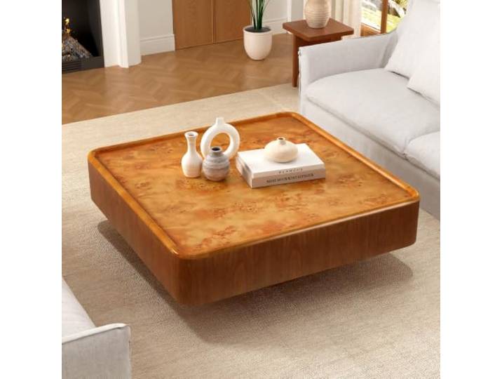 Quadratischer Couchtisch aus Walnussholz mit Schiebeplatte Stauraum Rustikaler, Rechteckiger Couchtisch mit Riffelstruktur und Metallschienen minimalistischer Holztisch im Mid-Century-Stil