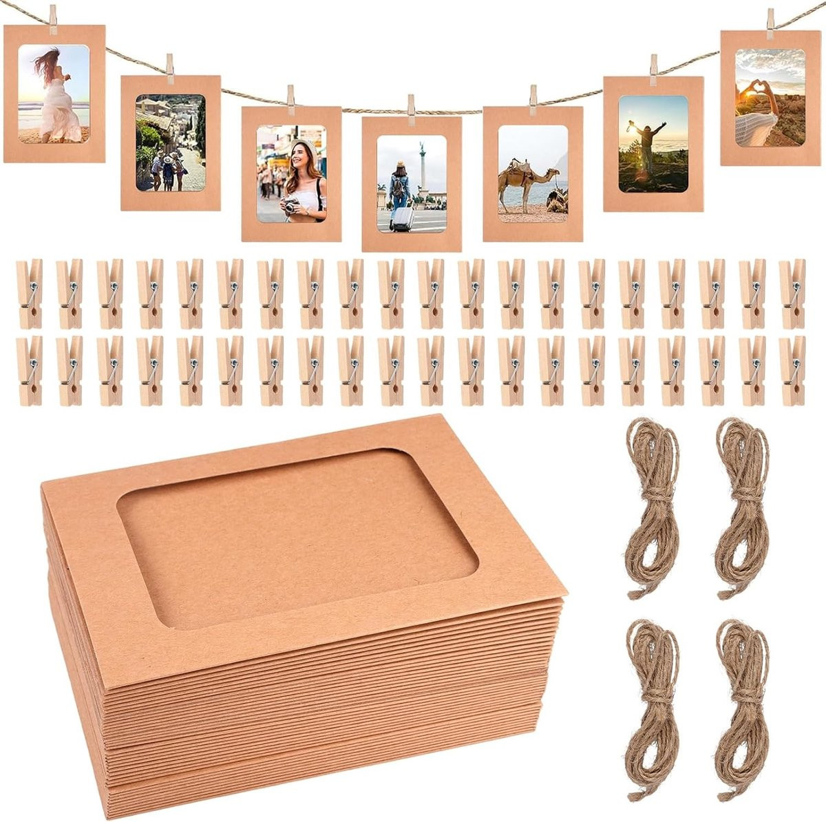 40 Stuks Bruin Kraftpapier Foto Garland Set met Klemmen en Touw voor Decoratie en Feestjes