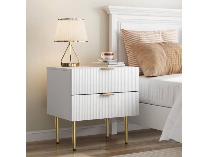 WUVRIE Table de chevet blanche 2 tiroirs façade rainurée pieds en métal 53 x 41 5 x 52 5 cm
