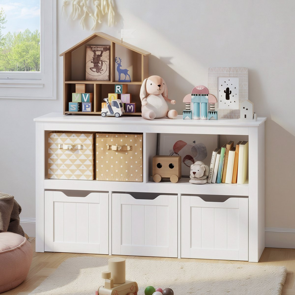 Bealife AP104 Kinder Opbergmeubel - Wit - Speelgoedkast en Boekenplank met 3 Rollende Laden en 6 Opbergzones