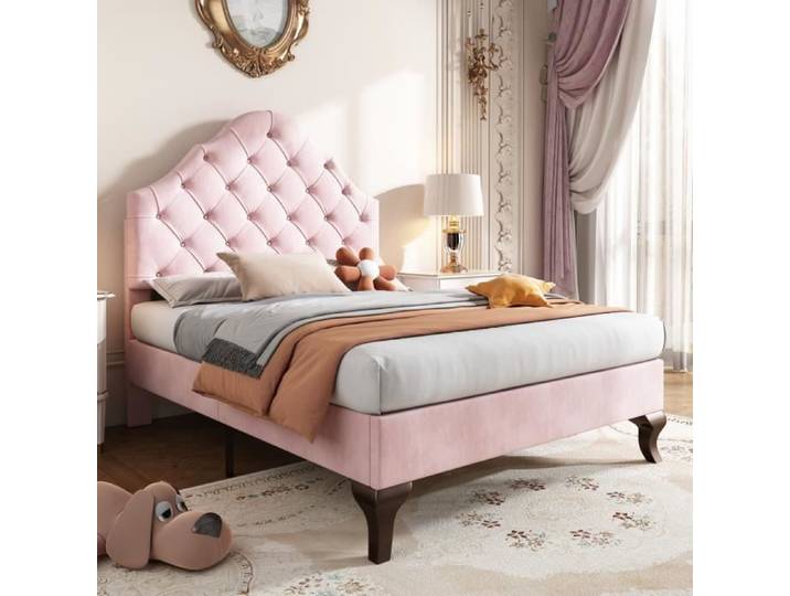 Lit rembourré - 90*200 - Velours - Rose