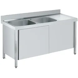 Spüle mit türen 2 becken 600x500x300, abtropffläche und regal - 2000x700x850 mm - 2193D002 Eurast