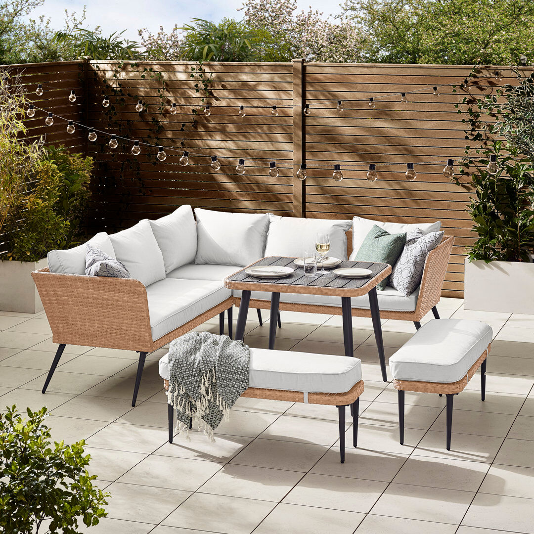 George Oliver Shelles Garden 9 Seater Corner Sofa With Dining Table & Benches - Rattan Design (Cover Included) Beige 9