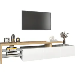 OKWISH TV-Schrank 197x39x42cm mit LED Beleuchtung und Glasböden, Hochglanz Weiß Holz, moderner TV-Ständer mit Stauraum, Lowboard Wohnzimmer