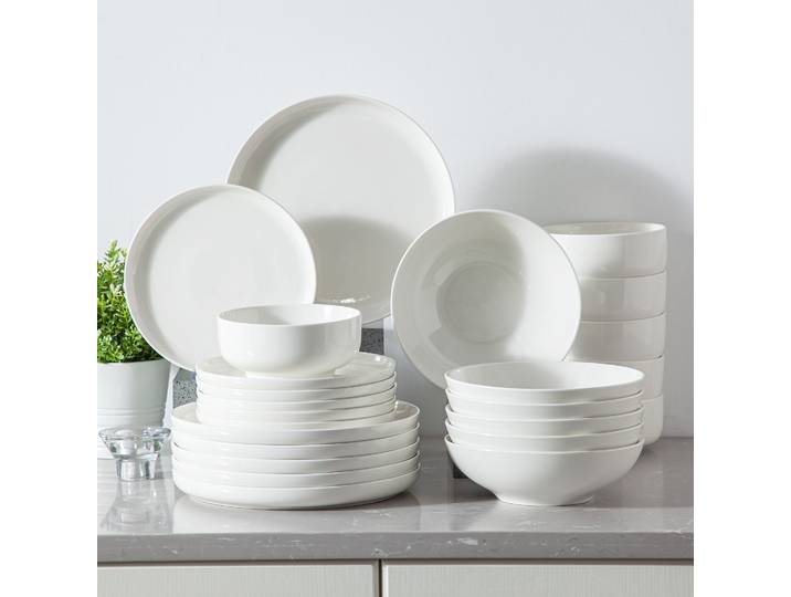 Ensemble de vaisselle en porcelaine MALACASA 16/32 pièces, bord blanc et noir, bord incurvé, avec 4 assiettes à dîner/assiettes à dessert/assiettes à soupe/bols