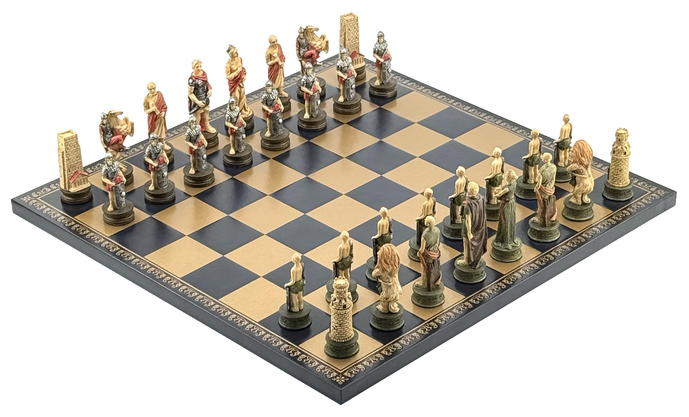 Luxus Schachspiel Römer vs Gladiatoren Handbemalt Kunstleder Gold-Blau