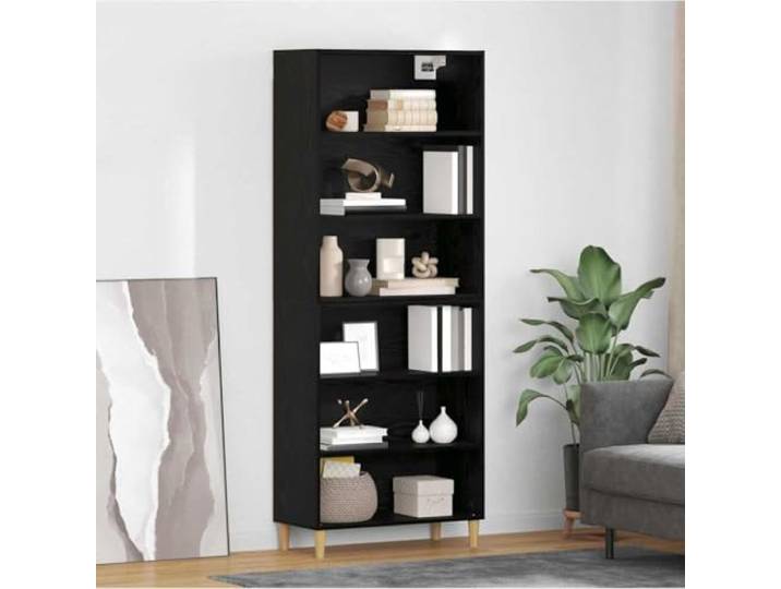 RJPLMFV Moderne Anrichte Chene, schwarz, 69,5 x 32,5 x 180 cm Aus Holz, geräumige Regale, robuste Füße, Rückseite fertig für Esszimmer