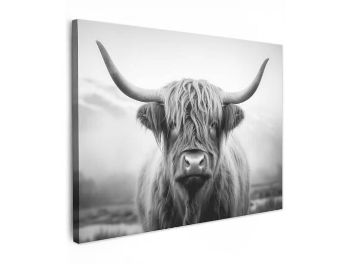 LEINWANDBILD Schottischer Highlander - Nebel - Schwarz - Weiß Wandbilder 80x60 cm