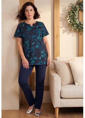 Plus Size Women's Plus Size Soft Knit Print Tunic with Notch Neckline by Roaman's in Teal Gladiolus (Size L) Short Sleeve T-Shirt