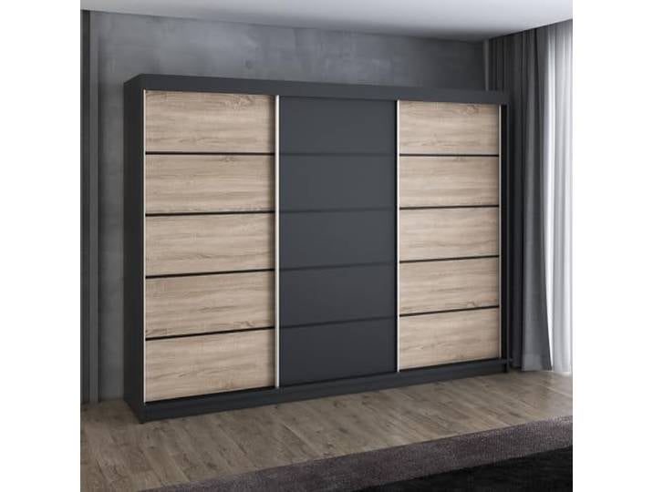 A&J MöbelLand MES Schwebetürenschrank 200 cm, Kleiderschrank 3-türig mit 4 Schubladen (Schwarz/Sonoma/Schwarz/Sonoma)