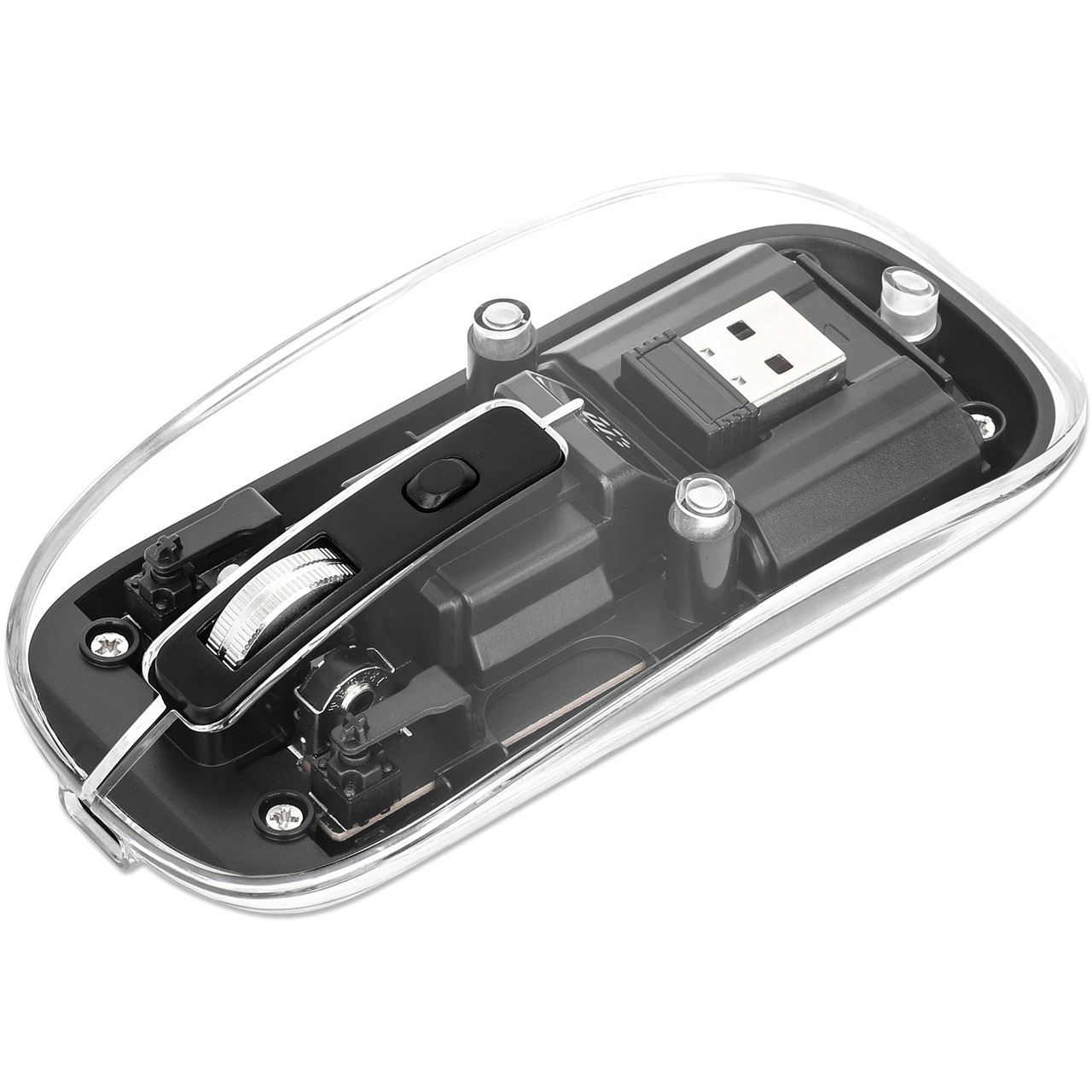 MANHATTAN Transparente Wiederaufladbare Kabellose Maus LED-Beleuchtung USB-A-Mikroempfänger Links-/Rechtshänder durchsichtig/schwarz