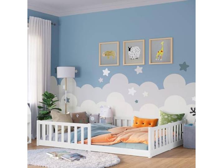 Bellabino Vere Bodenbett 140x200 cm, Massivholz Kiefer, Kleinkindbett, Weiß Montessori Kinderbett mit Rausfallschutz & Lattenrost, Massivholzbett für Jungen & Mädchen aus Holz Kiefer, Kleinkindbett