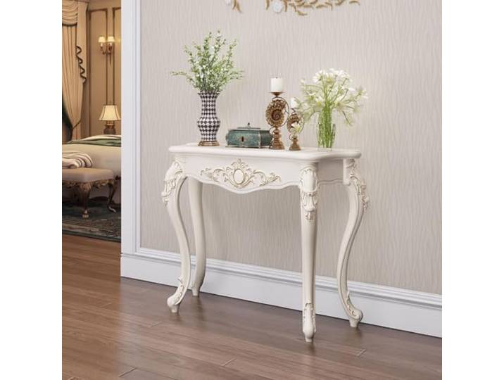 Konsolentisch Schmal Flurtisch Robust Beistelltisch Wandtisch für Flur Sofatisch hinter Sofa, Dichte Faserplatte, Moderner Flurmöbel für Wohnzimmer, platzsparend(White+Gold,L80cm/31.5in)