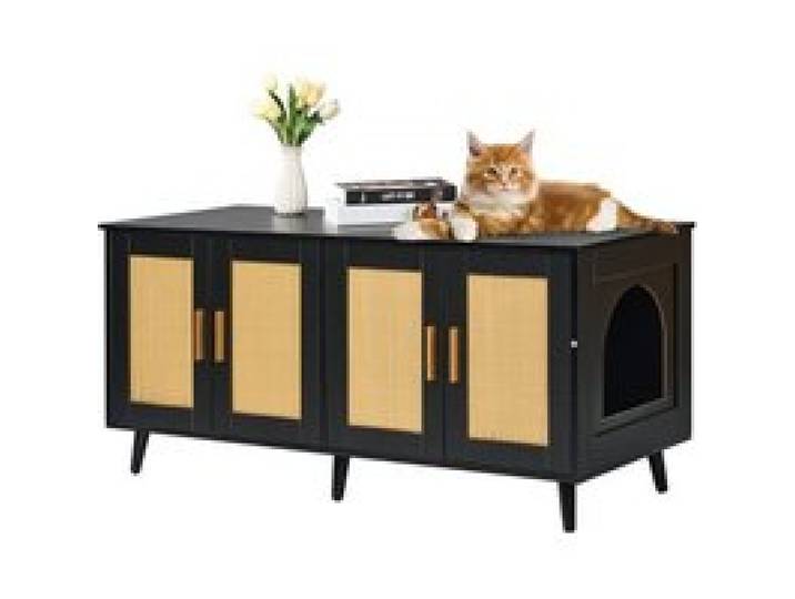 VEVOR Katzentoilettengehäuse für 2 Katzen, Katzentoilettenmöbel versteckt mit Rattan-verzierten Türen, Katzentoilettenschrank aus Holz passt in die meisten Katzentoiletten, 119,4 cm L x 40,1 cm B x 55,6 cm H, schwarz