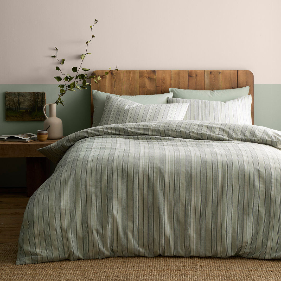 AppleTree Yarn Dyed Woven Wide Stripe Cotton Striped Duvet Cover Set Green Super King