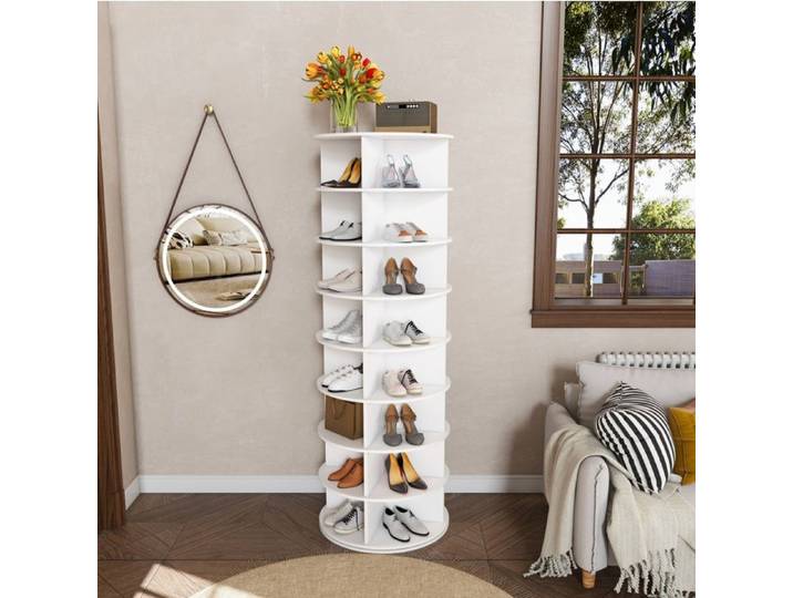Meuble à chaussures rotatif 360° 8 niveaux 60x60x184 cm pour entrée rangement gain de place PVC blanc gain de place