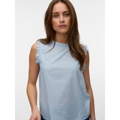 Rüschentop VERO MODA "VMTRINE SL TOP WVN NOOS", Damen, Gr. M, cashmere blau, Web, Obermaterial: 100% Baumwolle, unifarben, normal, Rundhals, Tops Rüschentop, Baumwolle