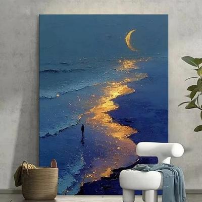 Handgemaltes Ölgemälde auf Leinwand, abstrakte Texturmalerei, goldener Strand über dem Mondaufgang, Dekoration für Wohnzimmer, Eingangsbereich, Wohnaccessoires, gerollt, rahmenlos, ungespannt