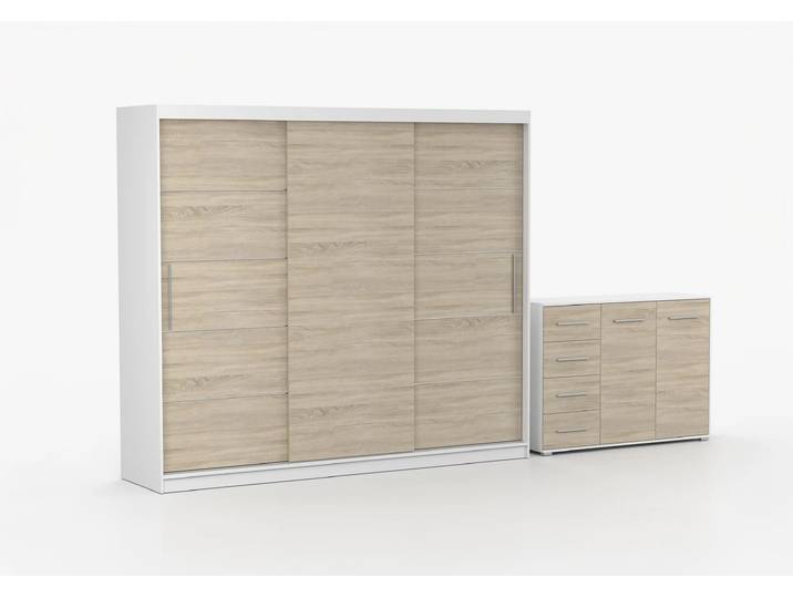 Schwebetürenschrank und Kommode 2er-Set ALBA II/FRIDA 01 Weiß Sonoma Eiche