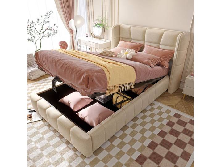 Lit coffre 90x200 cm URTR lit rembourré beige cadre lin tête capitonnée sommier lattes rangement pneumatique sous lit